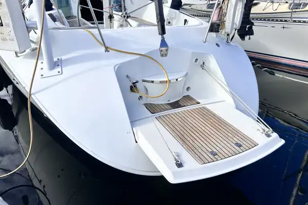 Swim Platform on Beneteau First 42s7 in the down position with power cord visable
